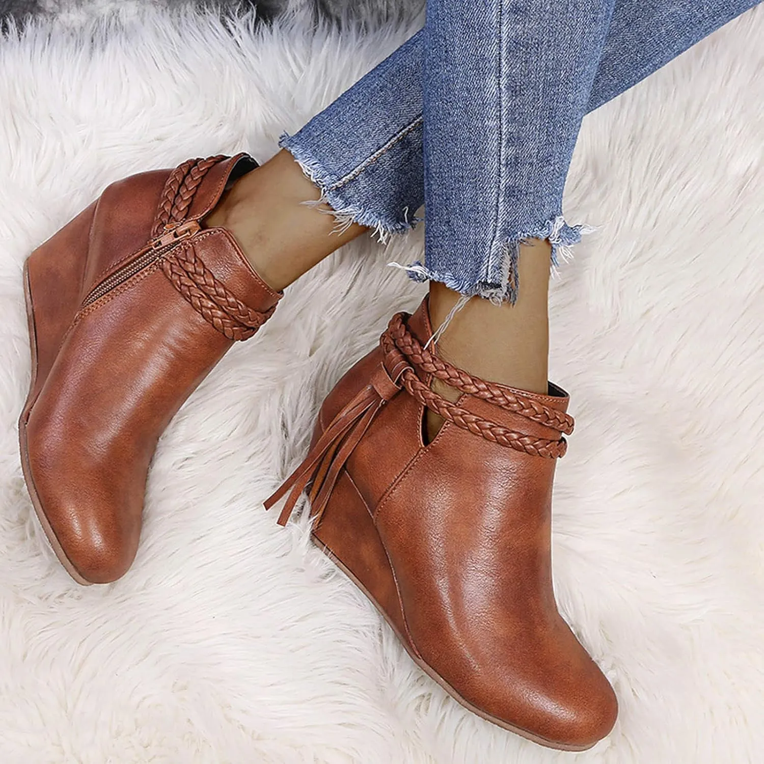 ZBYY Womens Wedge Ankle Boots Vintage Ankle Straps Side Zipper Round Toe Fringe Strap Western Heeled Winter Booties