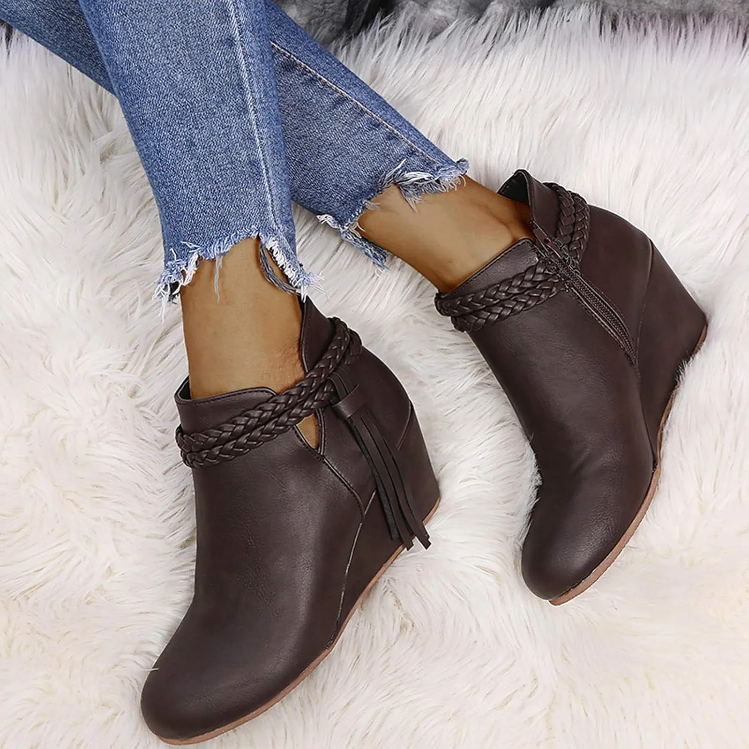 ZBYY Womens Wedge Ankle Boots Vintage Ankle Straps Side Zipper Round Toe Fringe Strap Western Heeled Winter Booties