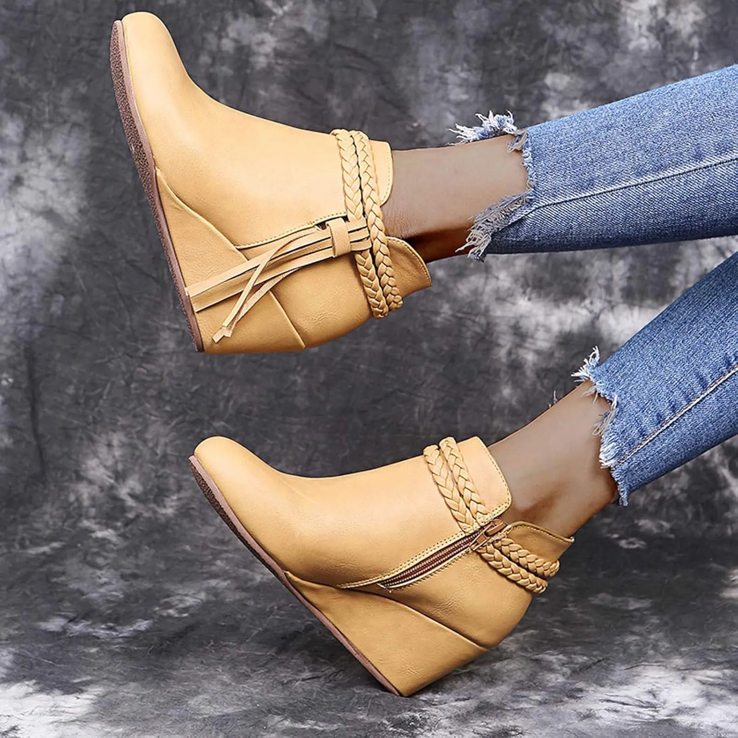 ZBYY Womens Wedge Ankle Boots Vintage Ankle Straps Side Zipper Round Toe Fringe Strap Western Heeled Winter Booties
