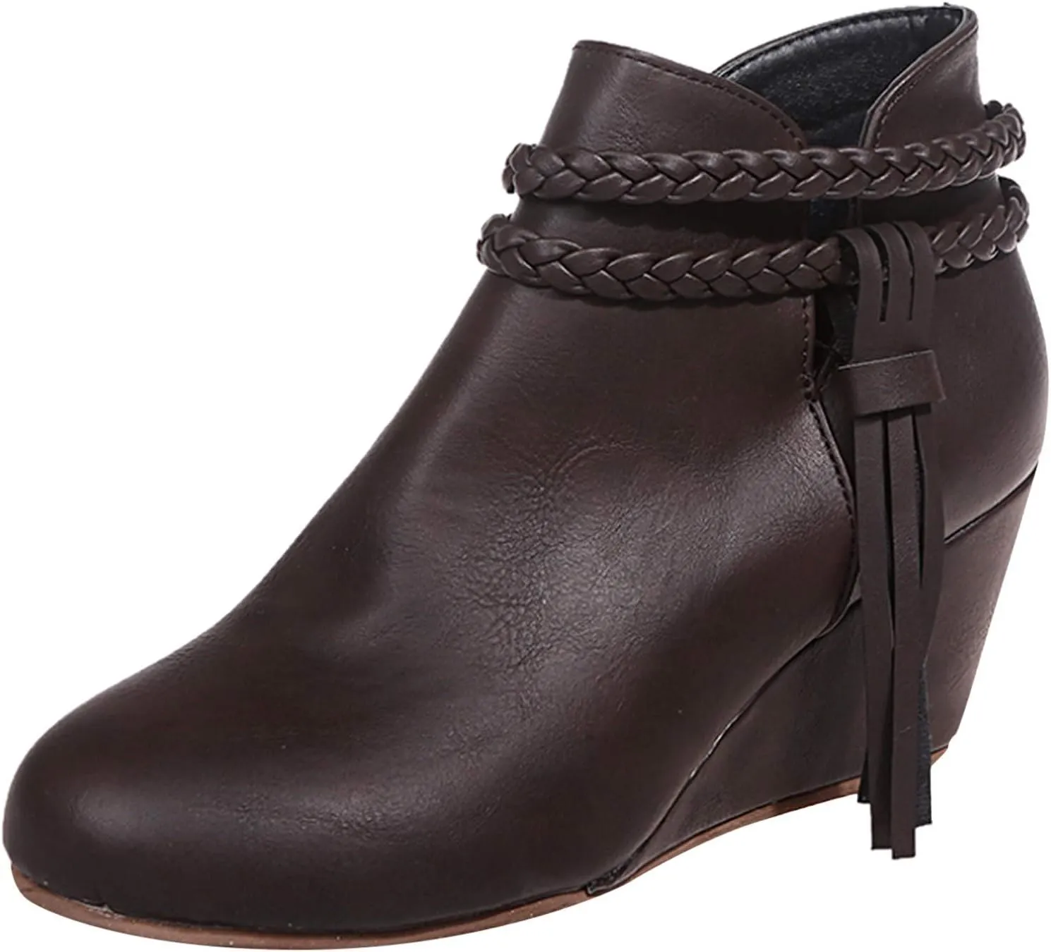 ZBYY Womens Wedge Ankle Boots Vintage Ankle Straps Side Zipper Round Toe Fringe Strap Western Heeled Winter Booties