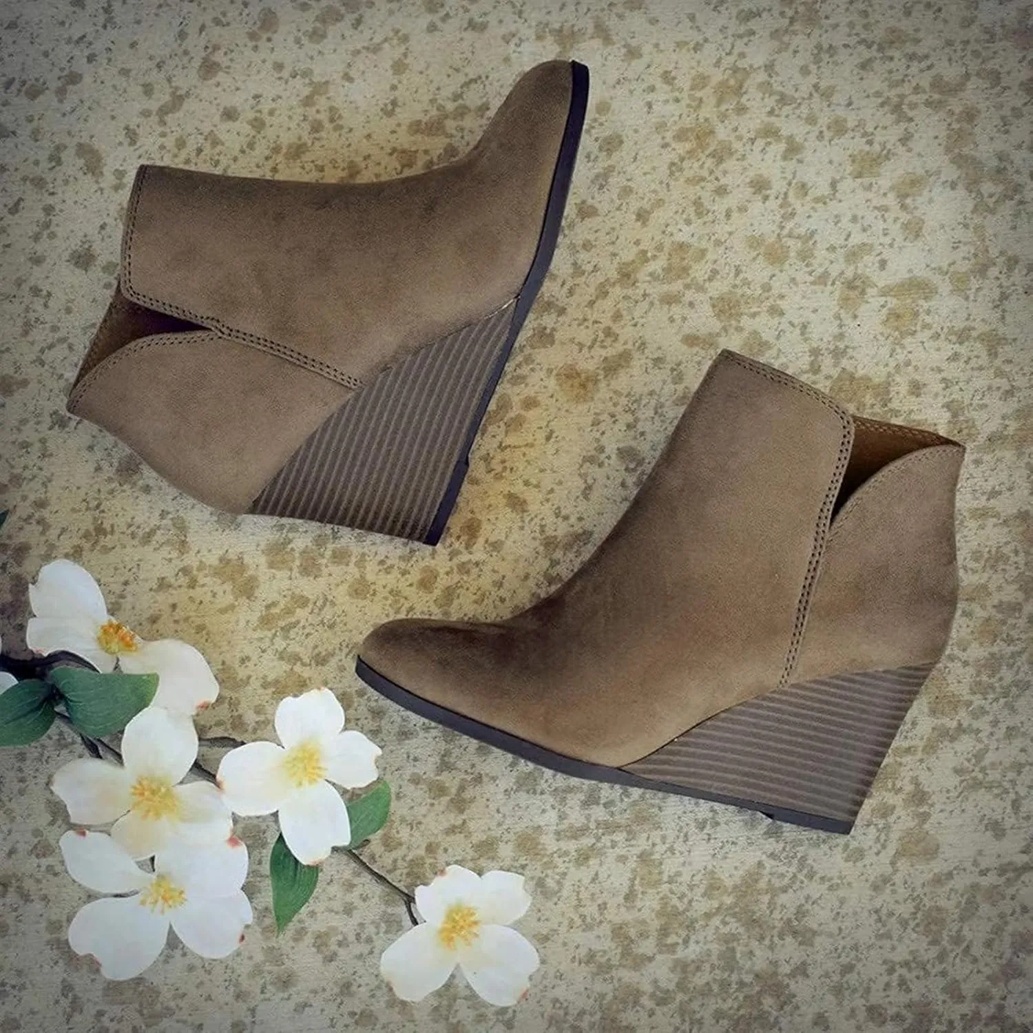 ZBYY Women's Wedge Booties,Fashion Suede Side Zipper Boots Chelsea Dress Ankle Booties Thick Heel Round Toe Ankle Shoes