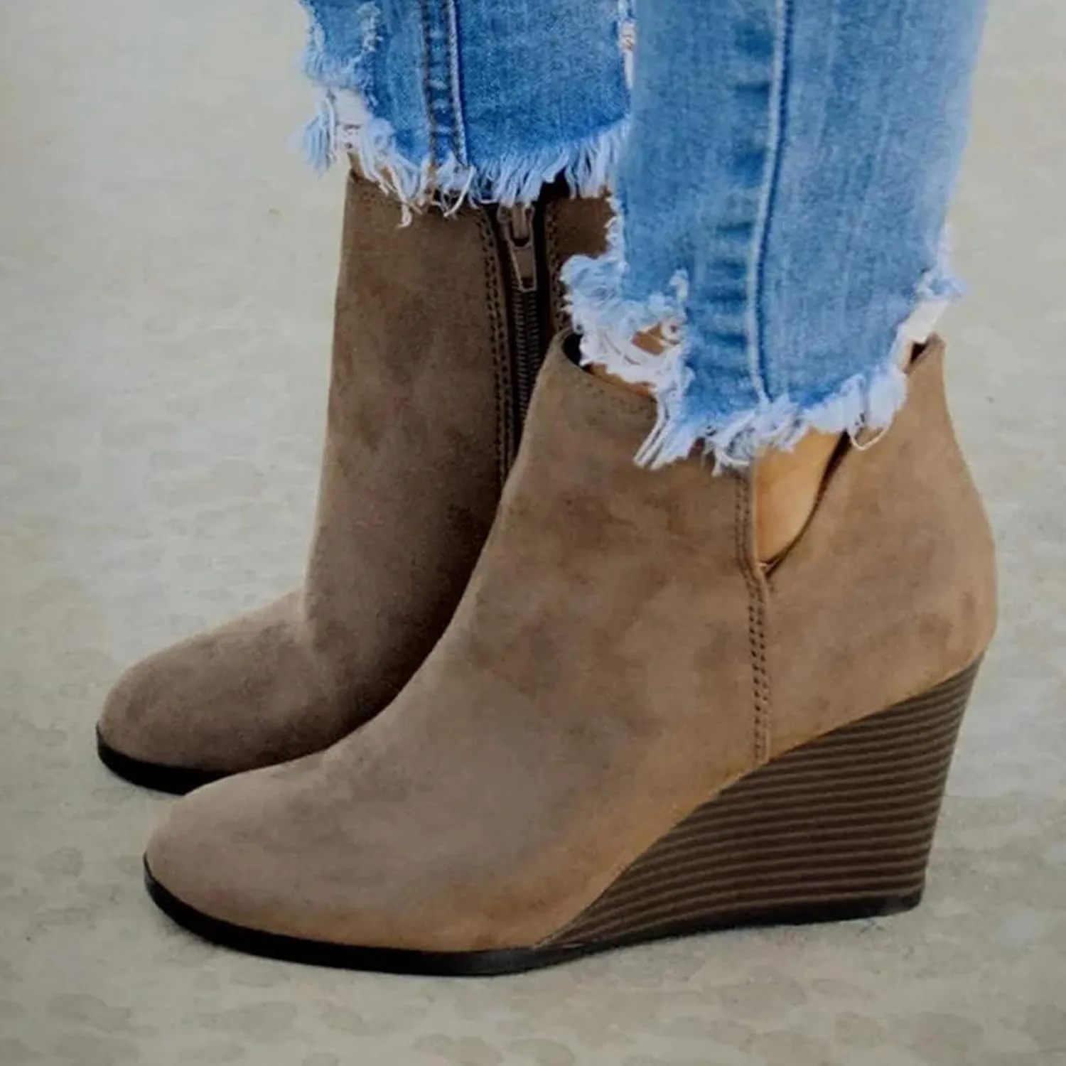 ZBYY Women's Wedge Booties,Fashion Suede Side Zipper Boots Chelsea Dress Ankle Booties Thick Heel Round Toe Ankle Shoes
