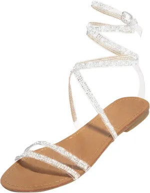 ZSpzx Flat Sandals for Women Dressy Summer Rhinestone Elegant Glitter Womens Low Heel Dress Beach Open Toe Lace Up Bohe Crystal Slide Sandal Strappy Slip on Party Formal Wedding Shoes For Bride