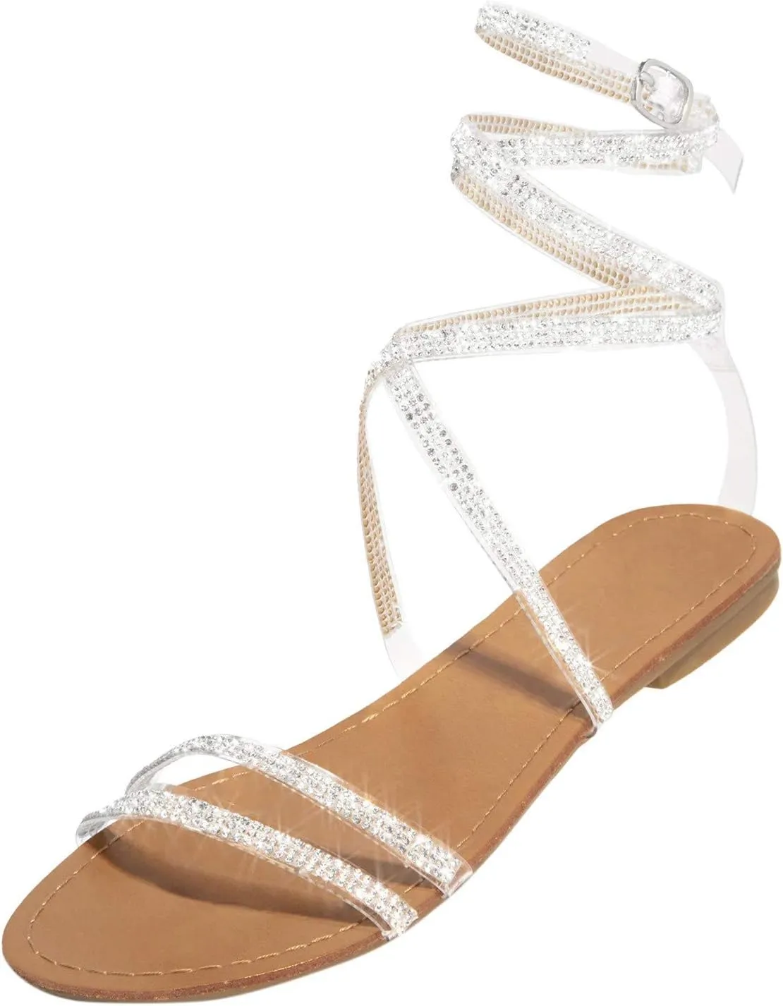 ZSpzx Flat Sandals for Women Dressy Summer Rhinestone Elegant Glitter Womens Low Heel Dress Beach Open Toe Lace Up Bohe Crystal Slide Sandal Strappy Slip on Party Formal Wedding Shoes For Bride