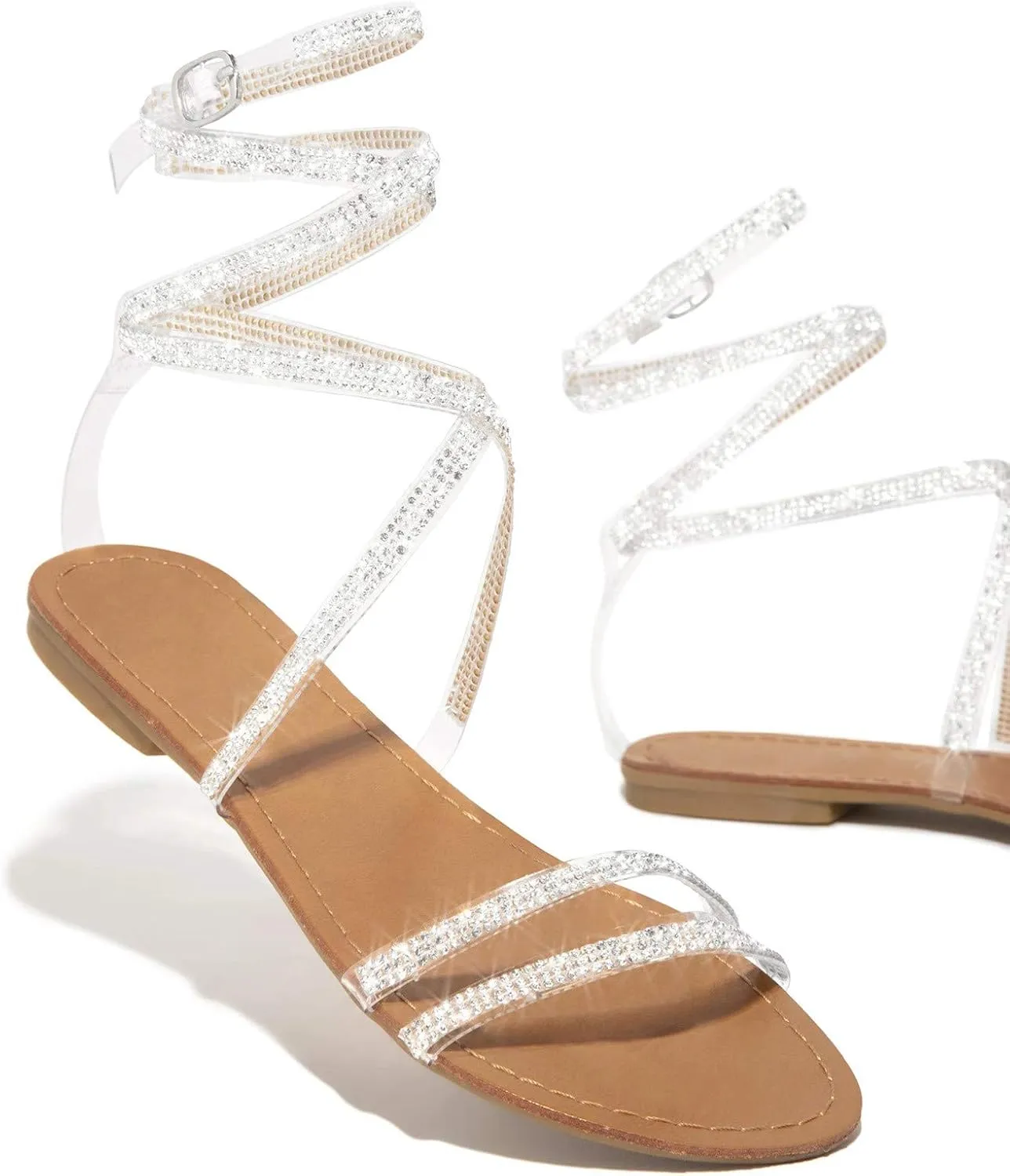 ZSpzx Flat Sandals for Women Dressy Summer Rhinestone Elegant Glitter Womens Low Heel Dress Beach Open Toe Lace Up Bohe Crystal Slide Sandal Strappy Slip on Party Formal Wedding Shoes For Bride