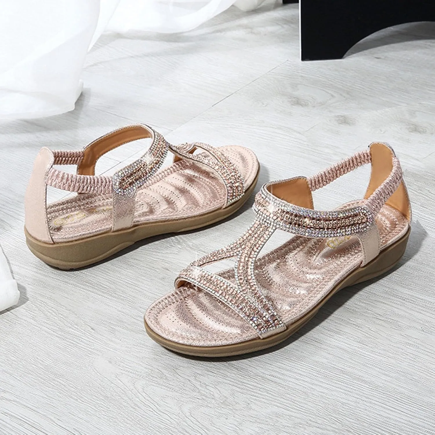 ZSpzx Womens Flat Sandals Flower Low Heel Dressy Elastic Ankle Strap Rhinestone Summer Comfortable Shoe Open Toe Slip-On Casual Walking Women T-Strap Bohe Pearl Crystal Beach Wedding Shoes For Bride