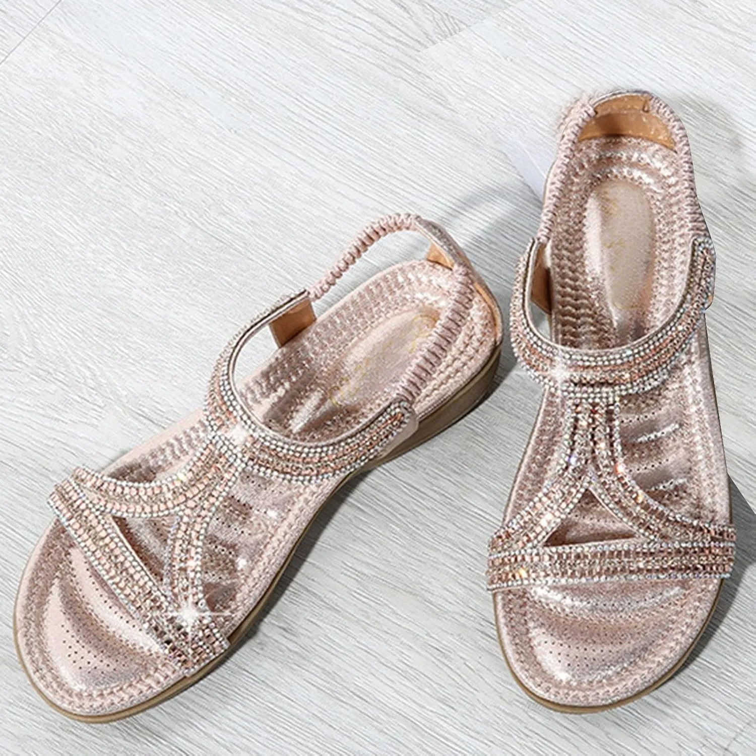 ZSpzx Womens Flat Sandals Flower Low Heel Dressy Elastic Ankle Strap Rhinestone Summer Comfortable Shoe Open Toe Slip-On Casual Walking Women T-Strap Bohe Pearl Crystal Beach Wedding Shoes For Bride