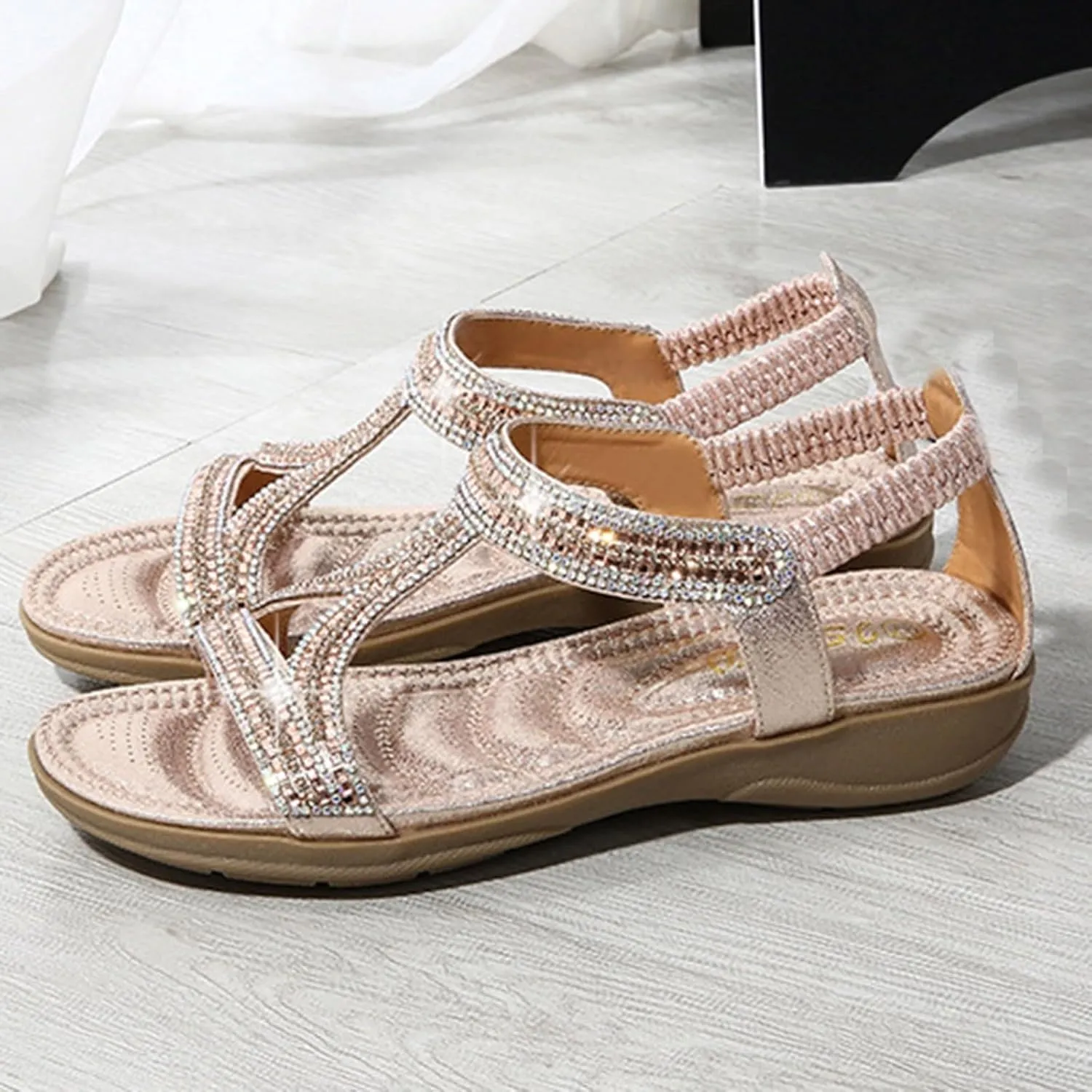 ZSpzx Womens Flat Sandals Flower Low Heel Dressy Elastic Ankle Strap Rhinestone Summer Comfortable Shoe Open Toe Slip-On Casual Walking Women T-Strap Bohe Pearl Crystal Beach Wedding Shoes For Bride