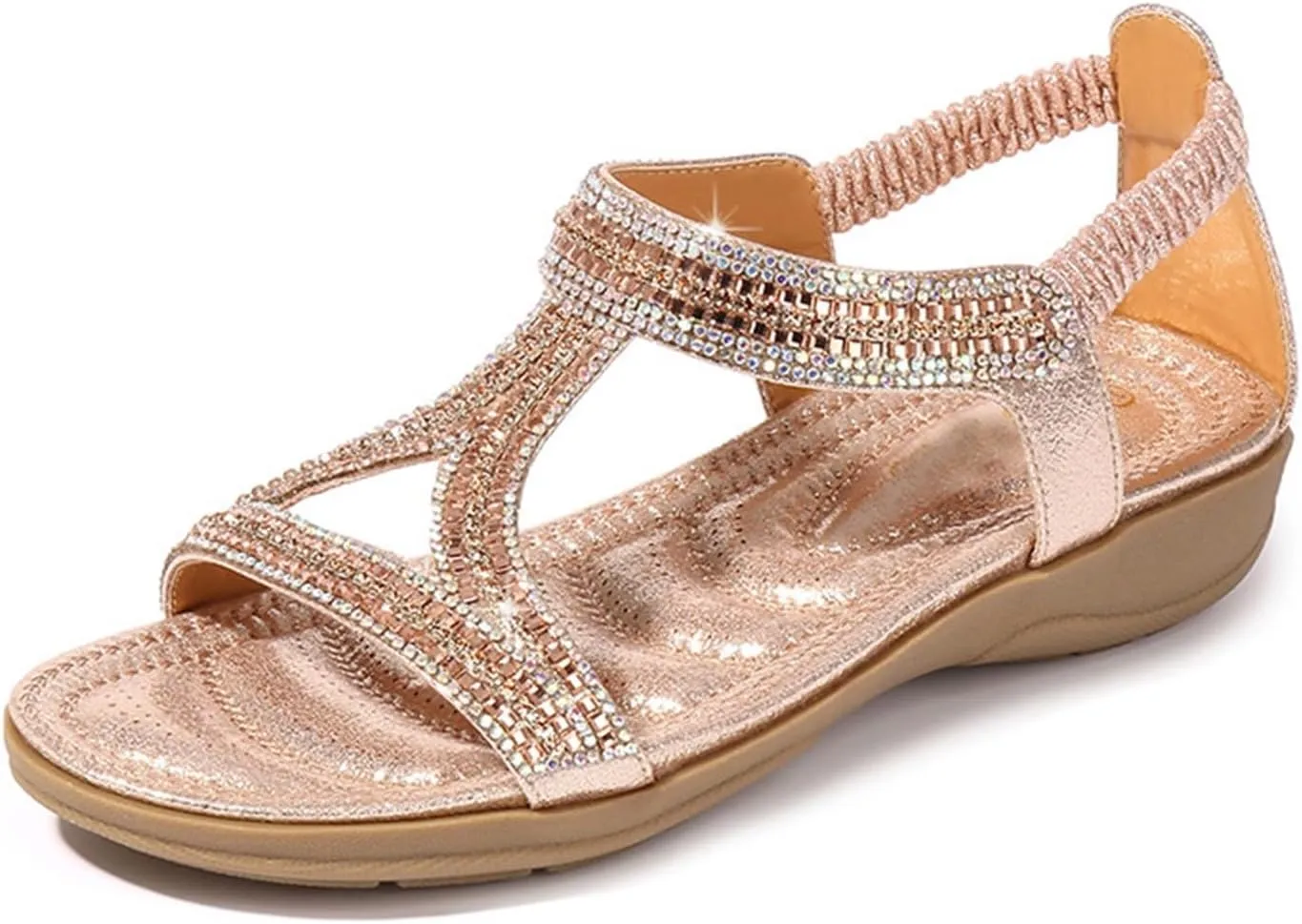 ZSpzx Womens Flat Sandals Flower Low Heel Dressy Elastic Ankle Strap Rhinestone Summer Comfortable Shoe Open Toe Slip-On Casual Walking Women T-Strap Bohe Pearl Crystal Beach Wedding Shoes For Bride