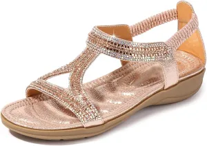 ZSpzx Womens Flat Sandals Flower Low Heel Dressy Elastic Ankle Strap Rhinestone Summer Comfortable Shoe Open Toe Slip-On Casual Walking Women T-Strap Bohe Pearl Crystal Beach Wedding Shoes For Bride