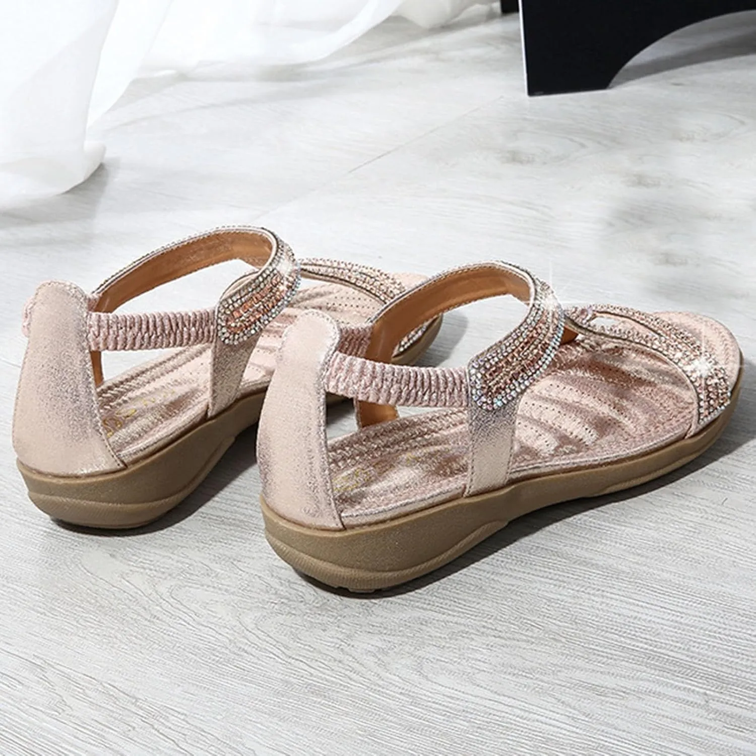 ZSpzx Womens Flat Sandals Flower Low Heel Dressy Elastic Ankle Strap Rhinestone Summer Comfortable Shoe Open Toe Slip-On Casual Walking Women T-Strap Bohe Pearl Crystal Beach Wedding Shoes For Bride