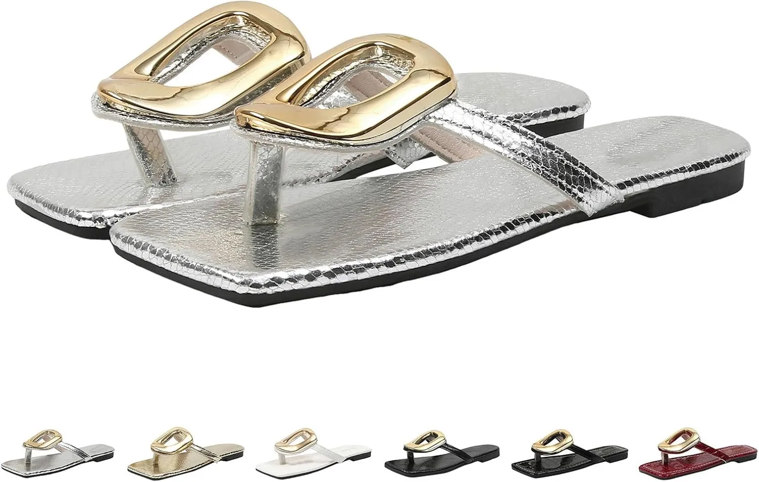 ZSpzx Women's Flat Sandals,Square Open Toe Dressy Summer Sandals for Women 2025 Womens Slipper Slip On Leather Slides Metal Chain Slippers Comfortable Thong Flip Flops Beach Casual Slide Shoes